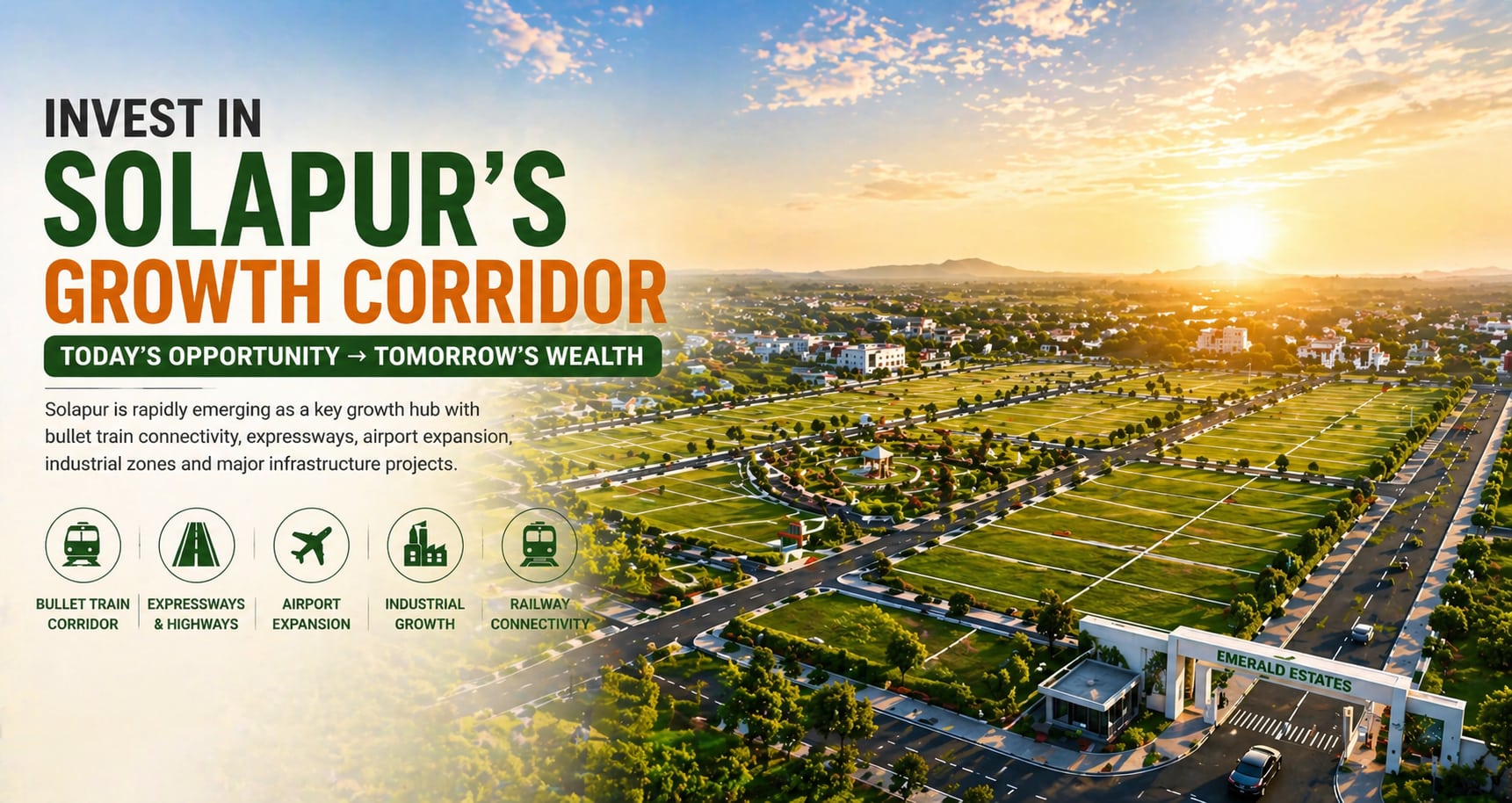 Aerial view of Emerald Estates — gated township with wide internal roads